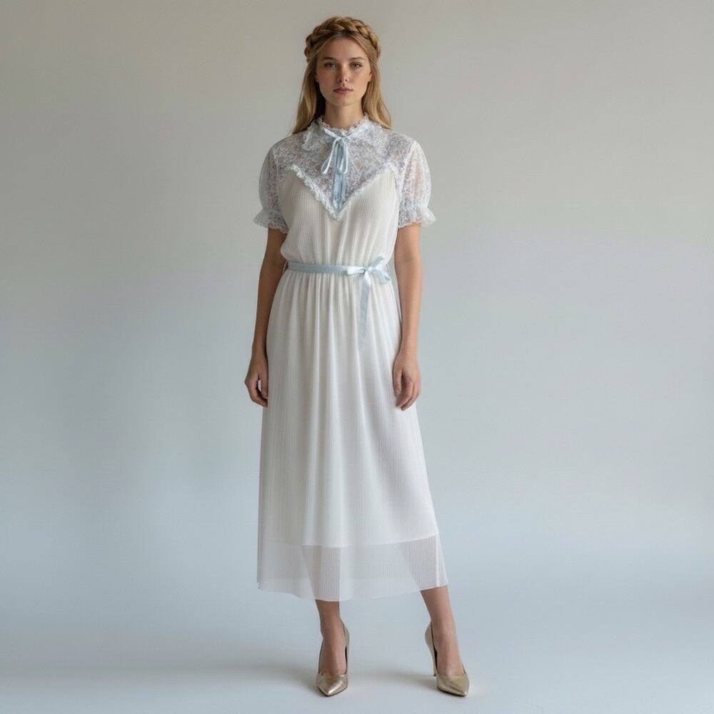 Rare Vintage 70s Sheer Dress Lace Pleated Powder Blue Puff Sleeves Collared M/L